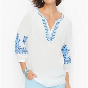 Talbots Womens L White Blue Embroidered Cotton Boho Tunic Blouse NEW Summer